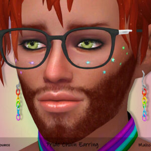 Personnage Sims 4 avec boucles d’oreilles arc-en-ciel et lunettes