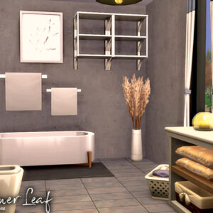 Salle de bain élégante du jeu Les Sims 4 avec baignoire, toilettes et décoration rustique