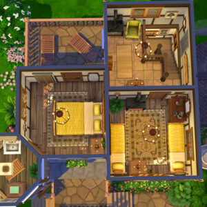 Maison de jeu *Les Sims 4* vue du dessus, décoration intérieure et extérieure