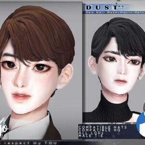 Personnage Sims 4 avec coiffures brunes et noires, jeu vidéo Dust HQ.