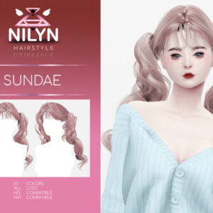 Coiffure Sundae rose pour Sims 4, style double queue avec boucles