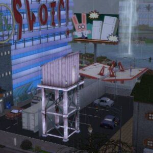 Scène de jeu vidéo The Sims 4 avec magasin et bâtiments urbains