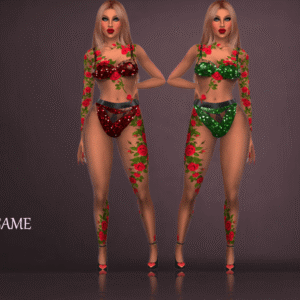 Deux avatars du jeu Sims 4 en tenues élégantes à fleurs
