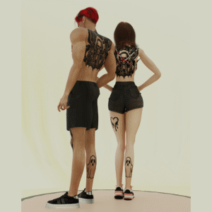 Couple dans Sims 4 avec tatouages gothiques et tenues assorties