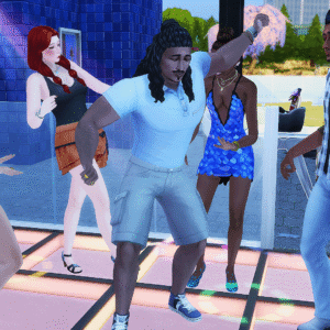 Quatre personnages du jeu Sims 4 sur une terrasse de nuit