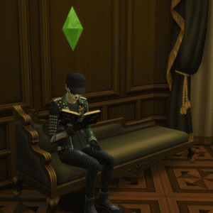 Personnage des Sims 4 lisant dans une pièce élégante avec un objet flottant vert.