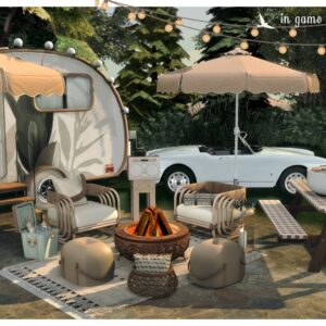 Aperçu jeu Les Sims 4 : camping chic rétro avec caravane et voiture vintage
