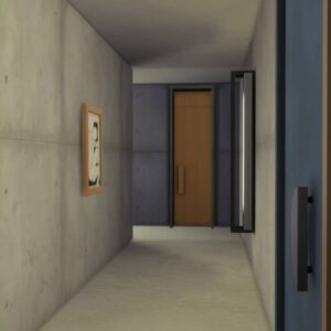 Couloir moderne dans *Les Sims 4*, vue vers une porte en bois.