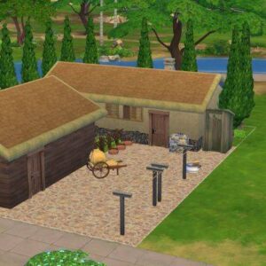 Maison rustique dans Sims 4 avec jardin et étang