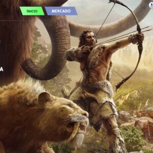 Un Sim préhistorique chasse avec un arc près d'un mammouth et d'un lion dans Los Sims 4