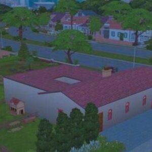 Vue aérienne d'une maison dans *Les Sims 4* avec jardin et quartier résidentiel