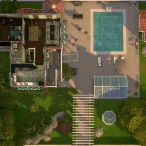 Vue aérienne d'une maison et jardin dans *Les Sims 4* avec piscine et décoration