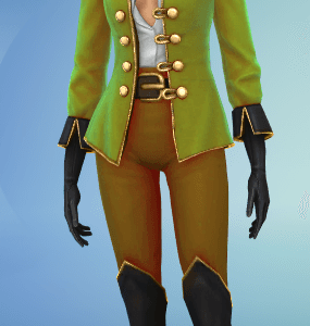 Personnage Sims 4 en tenue pirate verte et bottes noires