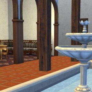 Salle intérieure du jeu Les Sims 4 avec fontaine centrale