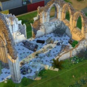 Ruines d'église dans *Les Sims 4*, vue aérienne
