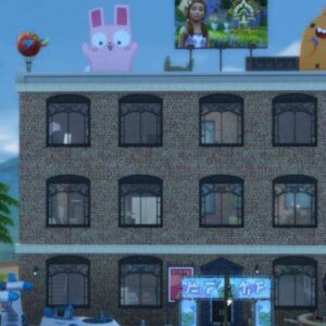 Immeuble dans *Les Sims 4* avec décorations et affiche de jeu vidéo