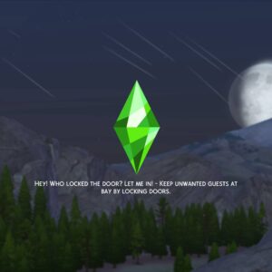 Logo du jeu Les Sims 4 avec porte verrouillée, montagne et lune.