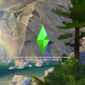 Plante rare Cowplant dans *Les Sims 4*, près d'une cascade.