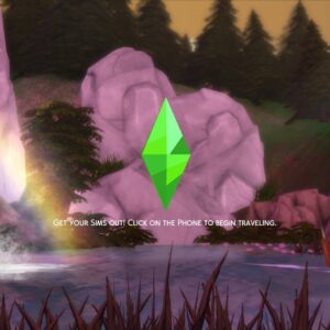 Les Sims 4 : Paysage coloré avec cascade et montagne rose, logo vert visible.