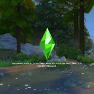 Logo vert des Sims 4 près d'un paysage forestier avec texte d'information.