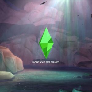 Écran des Sims 4 avec logo vert et texte humoristique en grotte