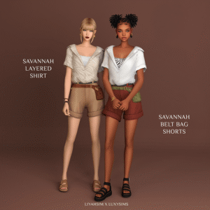 Deux mannequins Sims 4 portant chemise superposée et shorts à poche ceinture