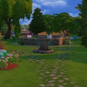 Paysage de maison dans *Les Sims 4* avec jardin fleuri et chemin de pierres