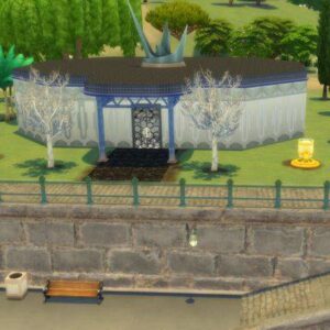 Pavillon élégant dans *Les Sims 4* avec fontaine et banc