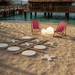 Chaises longues et jeu de Tic-Tac-Toe sur plage, style *Les Sims 4*
