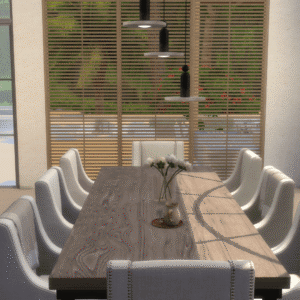 Salle à manger élégante dans *Les Sims 4* avec vue nature