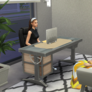 Jeune femme dans *Les Sims 4* travaillant à un bureau avec ordinateur
