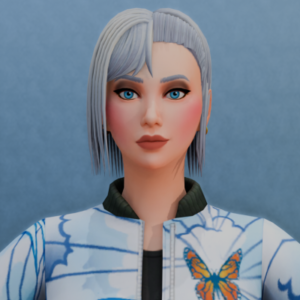 Personnage Sims 4, cheveux gris, veste à motifs papillon