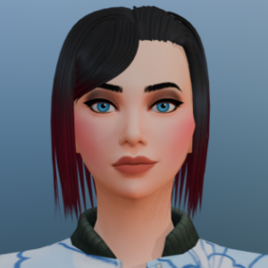 Personnage féminin de The Sims 4 aux cheveux mi-noirs mi-rouges