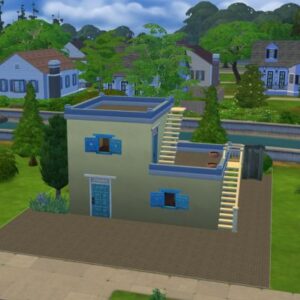 Maison moderne dans *Les Sims 4* avec terrasse et jardin