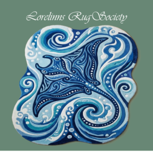 Logo stylisé de la Lorelinns Rug Society pour *Les Sims 4*, motifs bleus et vagues.