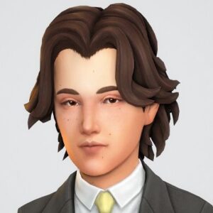 Portrait d'un Sim homme dans Les Sims 4, costume gris et cravate verte