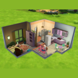 Maison de jeu *Les Sims 4* vue en coupe avec salon et cuisine.