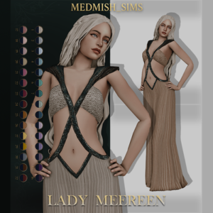 Personnage féminin dans robe longue du jeu Les Sims 4, Lady Meedreen.