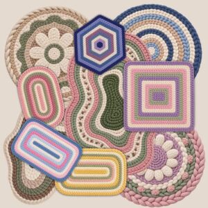 Motifs crochetés colorés pour *Les Sims 4*, inspirés du jeu.