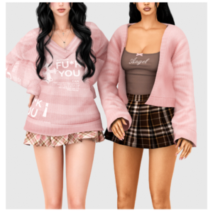 Deux avatars Sims 4 en tenues pastel et imprimés plaid