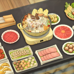 Assortiment de plats cuisinés dans *Les Sims 4* pour buffet gastronomique