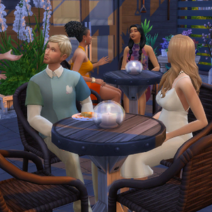 Personnages du jeu Les Sims 4 en discussion autour d'une table