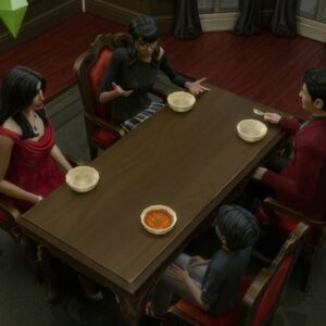 Jeu vidéo Les Sims 4 : dîner en famille en jeu.