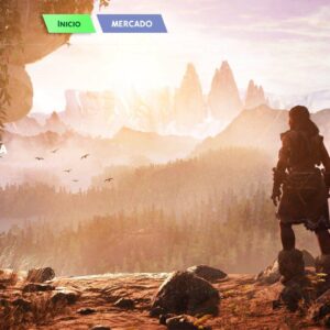 Personnage des Sims 4 explorant un paysage montagneux au coucher de soleil