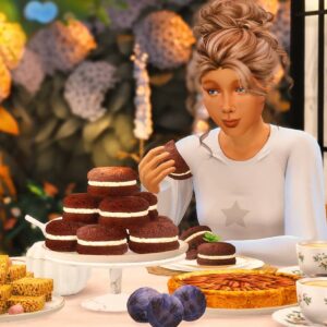 Jeune femme dans *Les Sims 4* dégustant des desserts variés avec thé