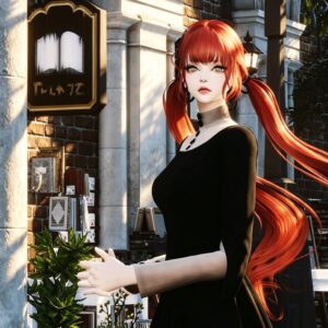 Personnage féminin aux cheveux flamboyants dans *Les Sims 4*, style gothique