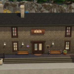 Maison de ville dans *Les Sims 4*, style rustique avec enseigne lumineuse.
