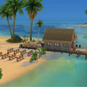 Cabine de plage tropicale dans *Les Sims 4*, avec transats et palmiers