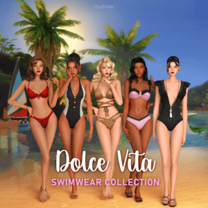 Collection de maillots de bain Dolce Vita pour Sims 4, cinq styles différents.