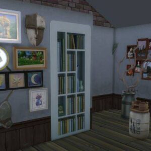 Intérieur décoré du jeu Les Sims 4 avec livres et objets vintage